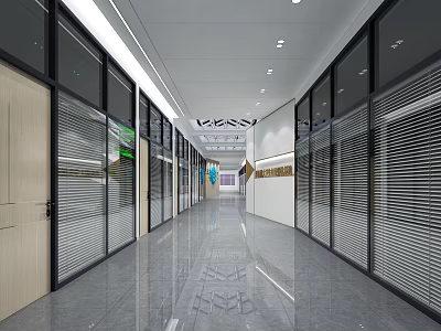 Modern Elevator Corridor Design With Glass Doors Blinds And Shiny Tiled Floor 3d model