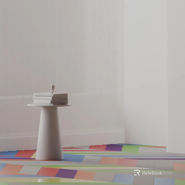 Minimalist White Side Table with Conical Base Book Stack and Small Decor on Colorful Carpet 3d model
