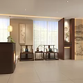 Traditional Chinese Tea House Lobby With Wooden Decor Reception Desk And Lanterns
