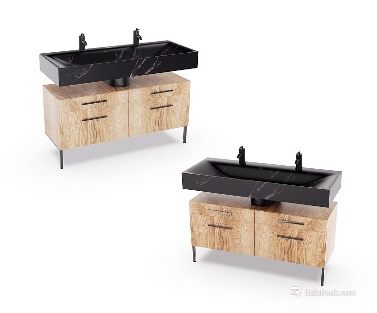 Modern Bathroom Vanity With Black Marble Top And Wooden Cabinet Drawers 3d model 