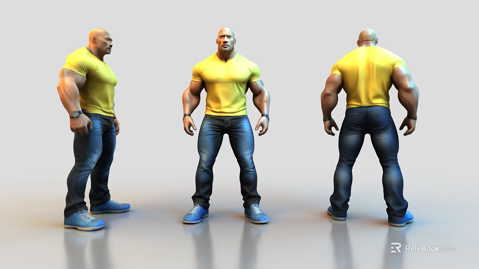 Game Movie Character Three Angles View Yellow T-Shirt Blue Jeans Muscular Bald Head 3d model 