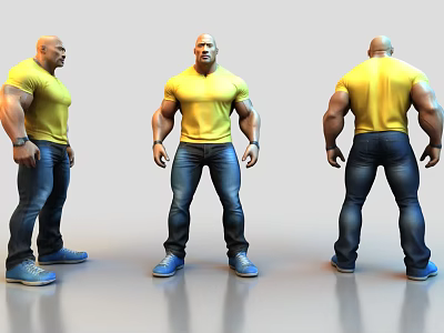 Game Movie Character Three Angles View Yellow T-Shirt Blue Jeans Muscular Bald Head 3d model