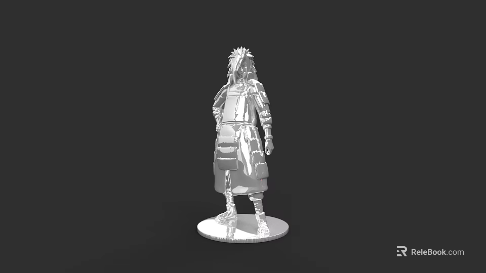 3D Model of Game Character With Spiky Hair And Traditional Armor Standing On Base 3d model 