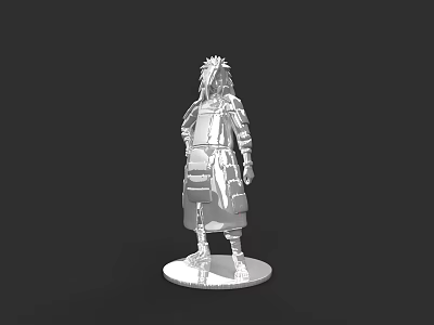 3D Model of Game Character With Spiky Hair And Traditional Armor Standing On Base 3d model