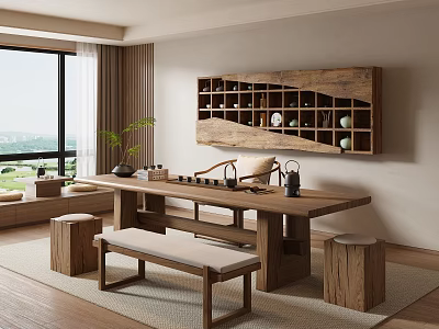 New Chinese Style Tea Room Tea Table and Chair Combination Solid Wood Tea Table and Chair Tea Room Cabinet Tea Tasting Area Tea Set Combination 3d model