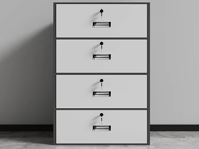 Modern Gray Four Drawer File Cabinet With Black Handles And Locks 3d model