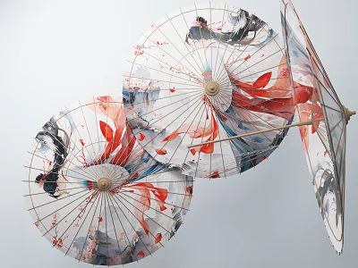 Traditional Chinese Oil Paper Umbrellas With Red Black Koi Fish Ink Painting Design 3d model