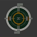 Circular Helicopter Landing Pad With Green Surface Yellow H Marking And White Stairs