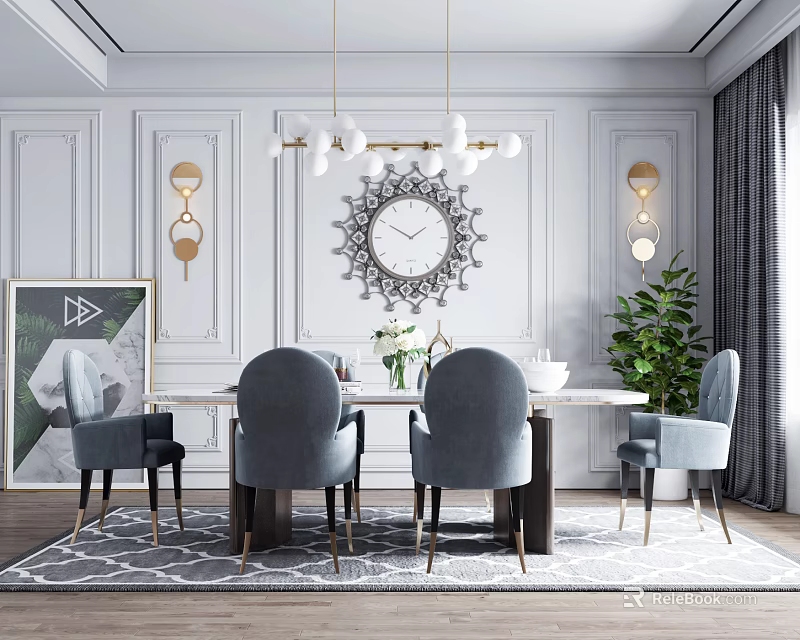 Modern Elegant Dining Table Set With Gray Chairs Decorative Wall Clock And Pendant Lights 3d model