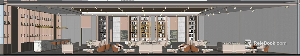 Modern Lounge Area With Plush Sofas Wooden Bookshelves And Warm Lighting 3d model 