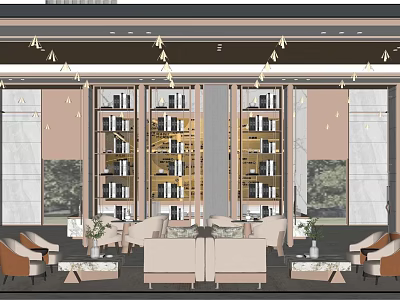 Modern Lounge Area With Plush Sofas Wooden Bookshelves And Warm Lighting 3d model