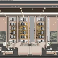 Modern Lounge Area With Plush Sofas Wooden Bookshelves And Warm Lighting
