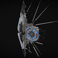 Industrial Metal Device With Spiked Components And Circular Blue Orange Center 3d model