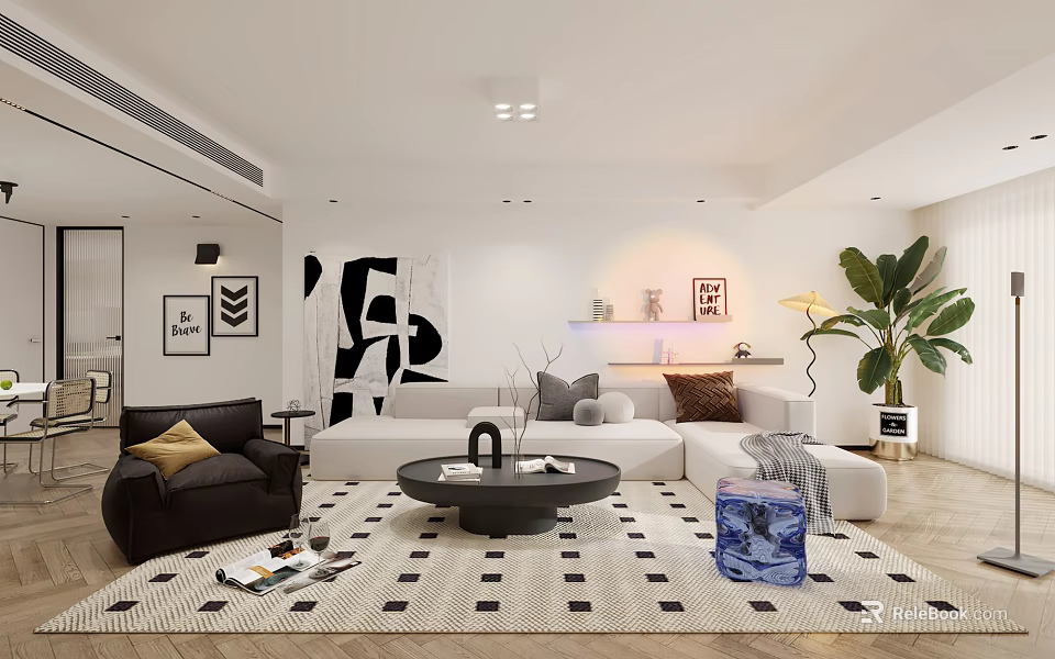 Modern Living and Dining Room Interior With Sofa Coffee Table Area Rug and Decorative Art 3d model 