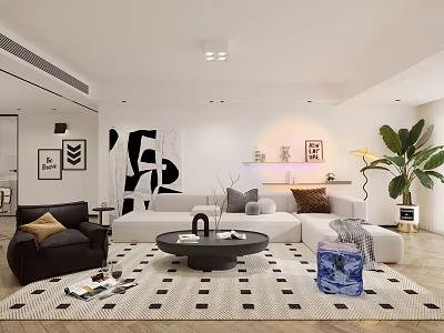 Modern Living and Dining Room Interior With Sofa Coffee Table Area Rug and Decorative Art 3d model