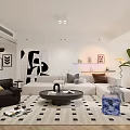 Modern Living and Dining Room Interior With Sofa Coffee Table Area Rug and Decorative Art