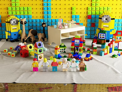 Building Blocks Featuring Minions SpongeBob Figure House Car Models On Yellow Wall Blue Arranged Table 3d model