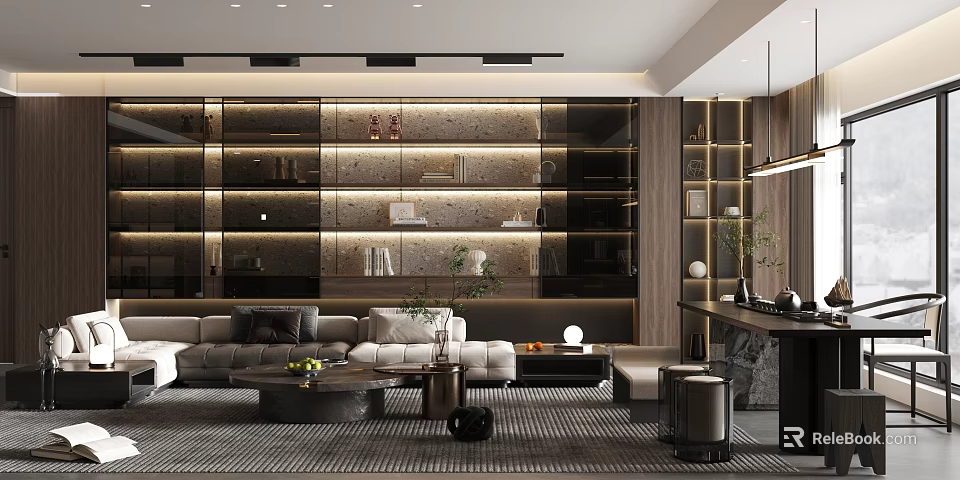 Modern Living Room Interior With Gray Sofa Glass Wall Unit Area Rug And Recessed Lighting 3d model 