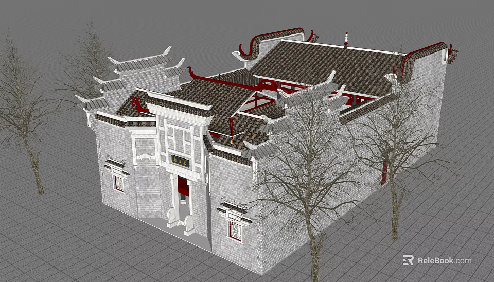 Ancient Chinese Architecture Featuring Classic Eaves Gray Brick Walls Black Tiles Red Decorations And Trees 3d model 