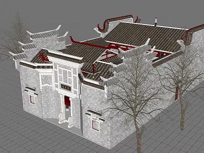 Ancient Chinese Architecture Featuring Classic Eaves Gray Brick Walls Black Tiles Red Decorations And Trees 3d model