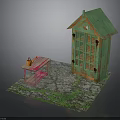 Garden Scene With Green Wooden Shed Pink Table And Orange Decor On Mossy Stone Ground