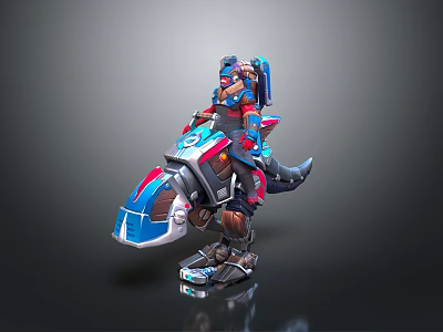 Futuristic Video Game Character Riding Mechanical Dinosaur Mount With Blue Red Armor 3d model