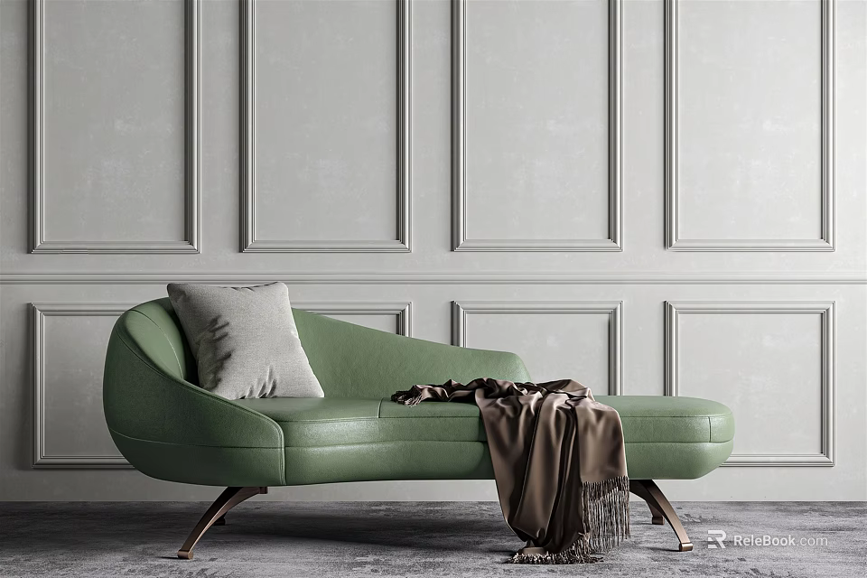 Elegant Green Chaise Lounge With Pillow And Throw Blanket Against Paneled Wall 3d model 