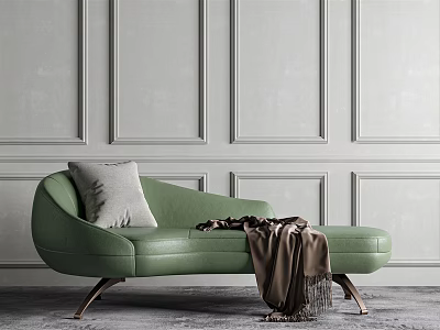 Elegant Green Chaise Lounge With Pillow And Throw Blanket Against Paneled Wall 3d model