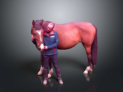 Person In Blue Jacket Caring For Brown Horse With Gentle Interaction And Grooming 3d model