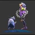 Blonde Female Character In Purple Coat With Mechanical Parts And White Horned Creature