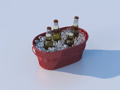 Chilled Wine Bottles and Glasses in Red Ice Bucket with Fresh Ice Cubes 3d model
