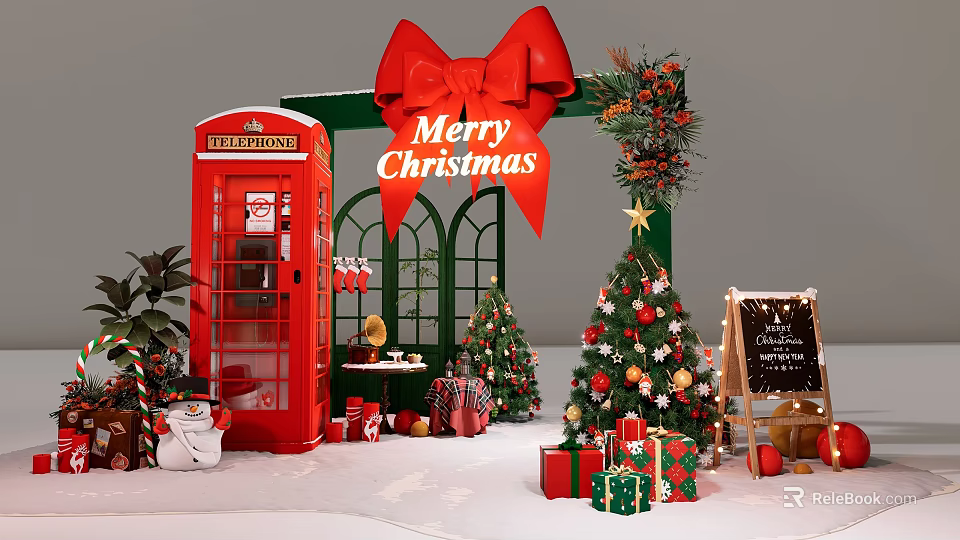 Christmas Photo Spot With Red Telephone Booth Large Red Bow Merry Christmas Sign Decorated Trees 3d model 