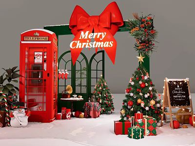 Christmas Photo Spot With Red Telephone Booth Large Red Bow Merry Christmas Sign Decorated Trees 3d model