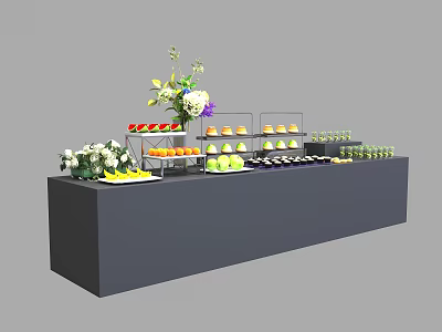 Colorful Fresh Assorted Fruits and Vegetables on Gray Buffet Table With Floral Decoration 3d model
