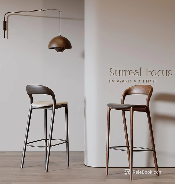 Modern Wooden Bar Stools With Metal Frames And Upholstered Seats In Minimalist Interior 3d model 