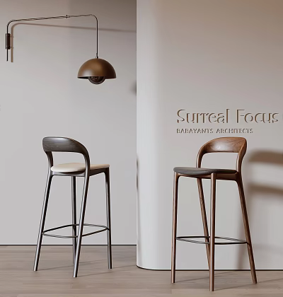 Modern Wooden Bar Stools With Metal Frames And Upholstered Seats In Minimalist Interior 3d model