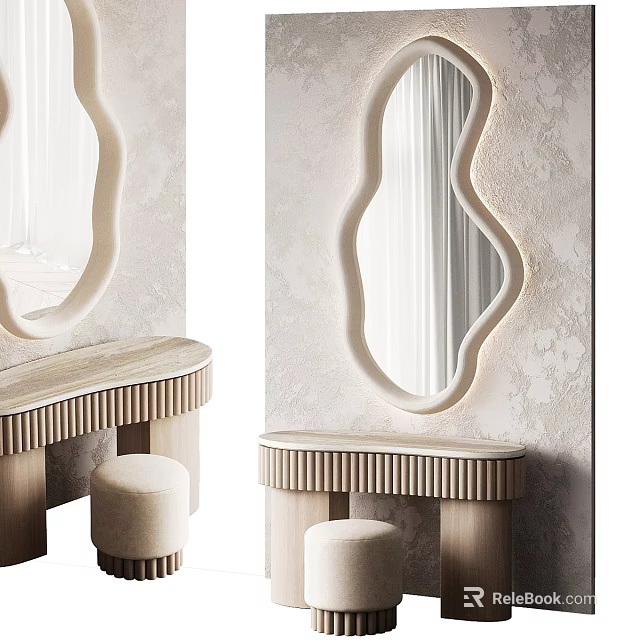 Elegant Modern Dressing Table With Irregular Shaped Mirror Marble Top Wooden Cabinet And Upholstered Stool 3d model 