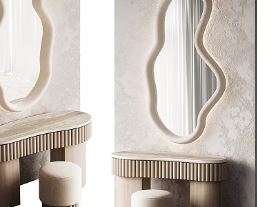Elegant Modern Dressing Table With Irregular Shaped Mirror Marble Top Wooden Cabinet And Upholstered Stool 3d model