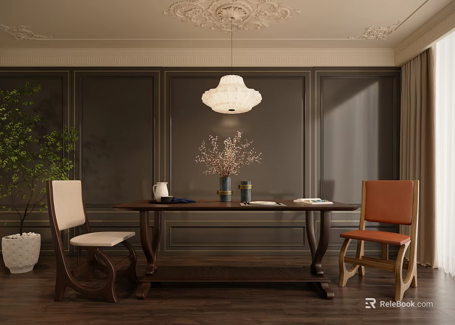 Elegant Dining Table Set With Upholstered Chairs Pendant Light Green Plants And Dark Wall 3d model 