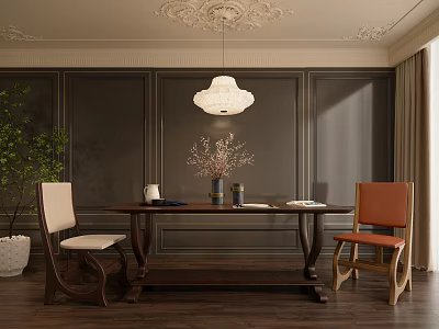 Elegant Dining Table Set With Upholstered Chairs Pendant Light Green Plants And Dark Wall 3d model