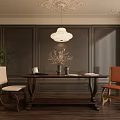 Elegant Dining Table Set With Upholstered Chairs Pendant Light Green Plants And Dark Wall