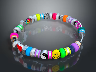 Colorful Beaded Bracelet With Smiley Face Yin Yang Symbol Heart And Flower Patterns 3d model