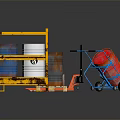 Durable Industrial Storage Equipment With Metal Drums Red Hand Truck And Yellow Racks