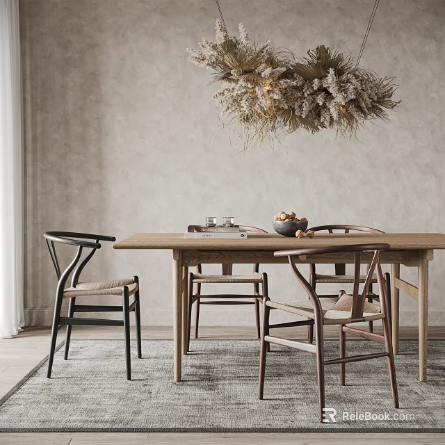 Natural Wooden Dining Table Set With Mixed Chairs Fruit And Decorative Pendant Light 3d model 