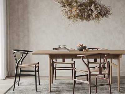 Natural Wooden Dining Table Set With Mixed Chairs Fruit And Decorative Pendant Light 3d model