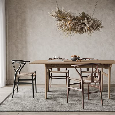 Natural Wooden Dining Table Set With Mixed Chairs Fruit And Decorative Pendant Light 3d model