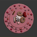 Three Tiered Pink Frosting Cake With Donut Red Decoration And Strawberry Shaped Toppings