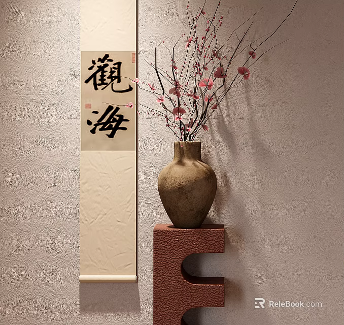 Traditional Vase With Pink Flower Branches On Red Stand By Beige Wall Calligraphy Scroll 3d model 