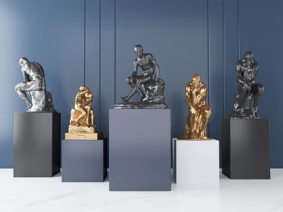 Artistic Human Figure Sculptures on Colorful Display Pedestals with Dark Blue Background 3d model