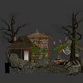 Cartoon Scene Design Featuring Thatched Roof Cottages Trees Small Boat And Flags